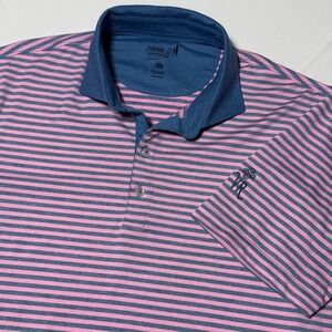 Johnnie O Polo Shirt Mens Medium Pink Blue Stripe Performance Golf Logo